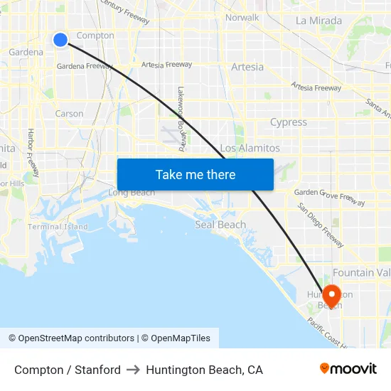 Compton / Stanford to Huntington Beach, CA map