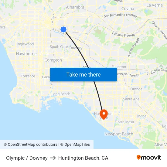 Olympic / Downey to Huntington Beach, CA map