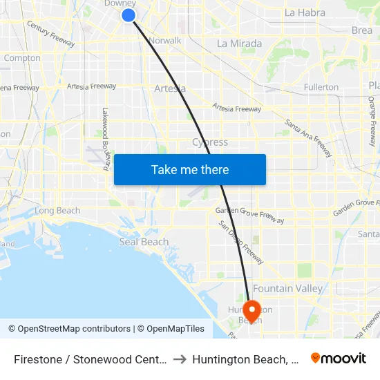 Firestone / Stonewood Center to Huntington Beach, CA map