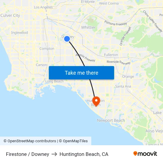 Firestone / Downey to Huntington Beach, CA map