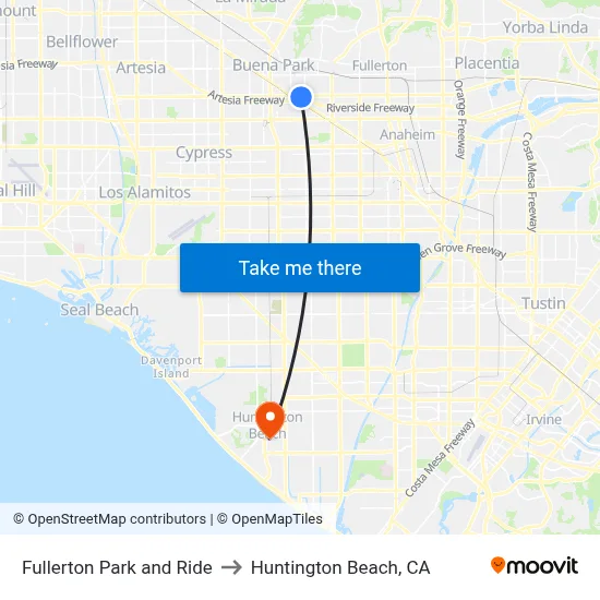 Fullerton Park and Ride to Huntington Beach, CA map