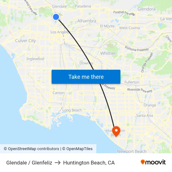 Glendale / Glenfeliz to Huntington Beach, CA map