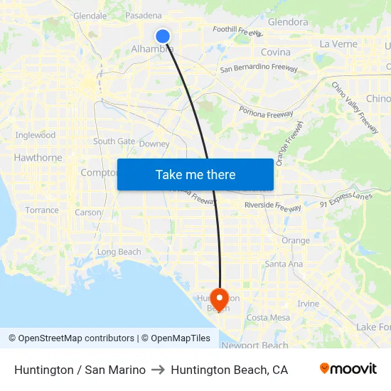 Huntington / San Marino to Huntington Beach, CA map