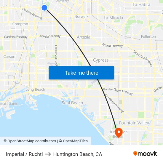 Imperial / Ruchti to Huntington Beach, CA map