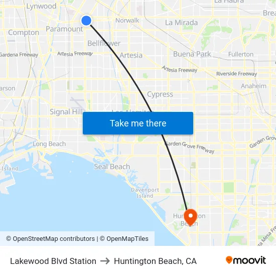 Lakewood Blvd Station to Huntington Beach, CA map
