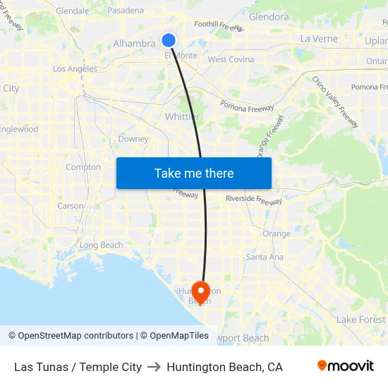 Las Tunas / Temple City to Huntington Beach, CA map