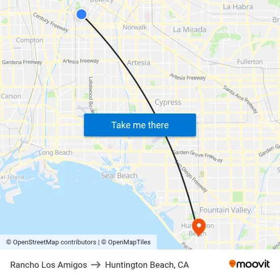 Rancho Los Amigos to Huntington Beach, CA map