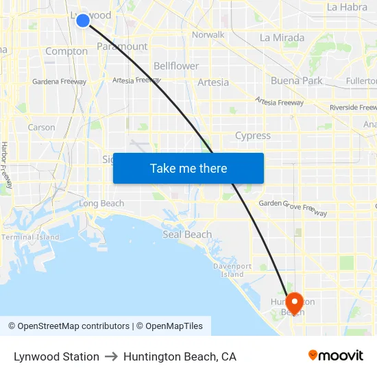 Lynwood Station to Huntington Beach, CA map