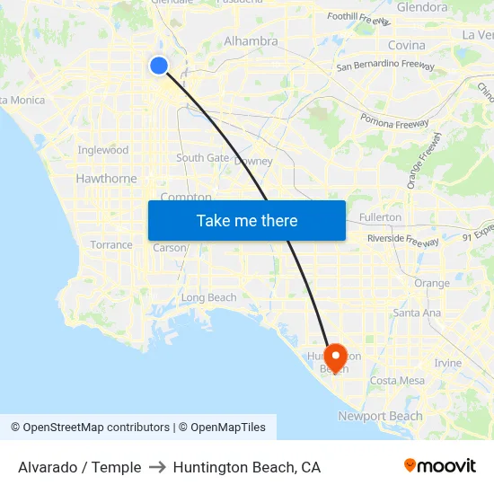 Alvarado / Temple to Huntington Beach, CA map