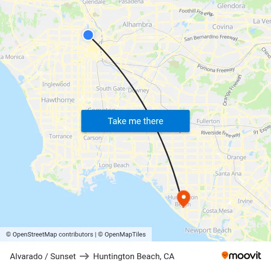 Alvarado / Sunset to Huntington Beach, CA map