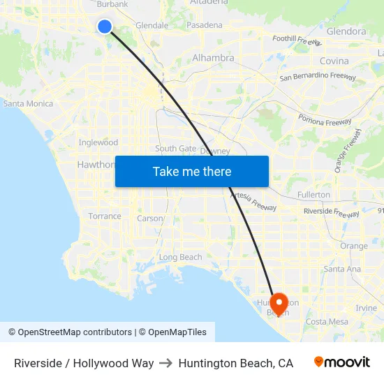 Riverside / Hollywood Way to Huntington Beach, CA map