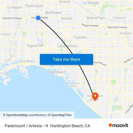 Paramount / Artesia to Huntington Beach, CA map