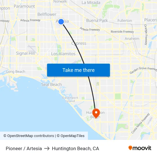 Pioneer / Artesia to Huntington Beach, CA map