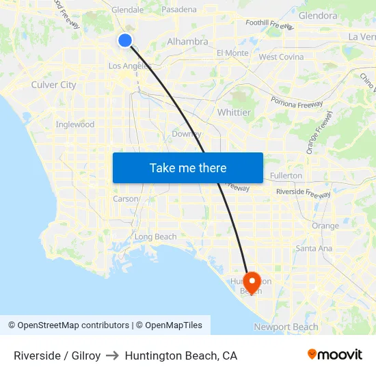 Riverside / Gilroy to Huntington Beach, CA map