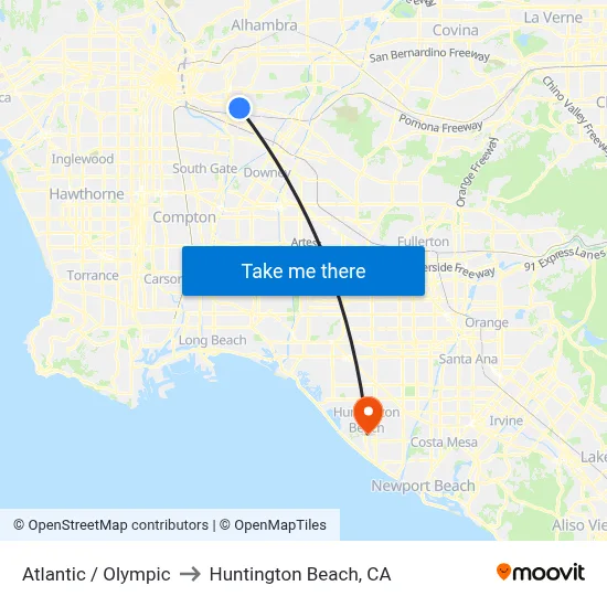 Atlantic / Olympic to Huntington Beach, CA map