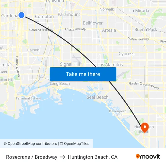 Rosecrans / Broadway to Huntington Beach, CA map