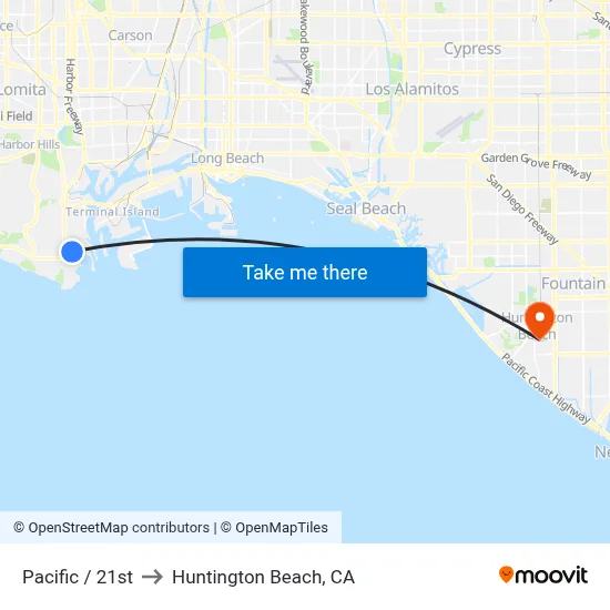 Pacific / 21st to Huntington Beach, CA map