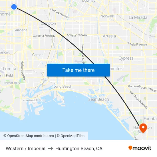 Western / Imperial to Huntington Beach, CA map