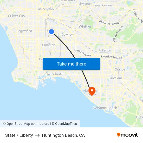 State / Liberty to Huntington Beach, CA map