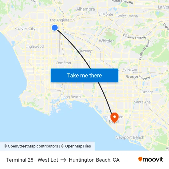 Terminal 28 - West Lot to Huntington Beach, CA map