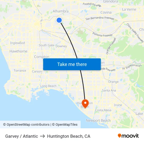 Garvey / Atlantic to Huntington Beach, CA map