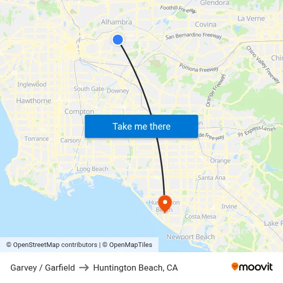 Garvey / Garfield to Huntington Beach, CA map