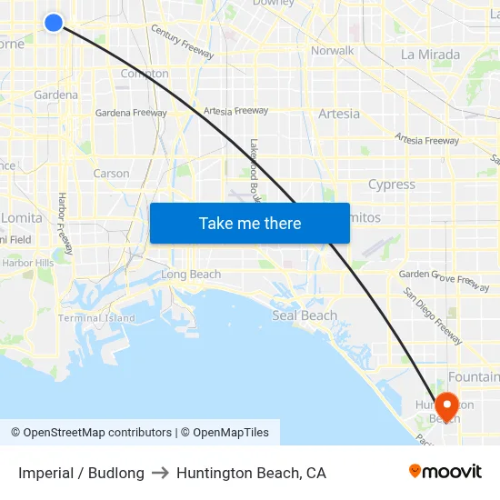 Imperial / Budlong to Huntington Beach, CA map