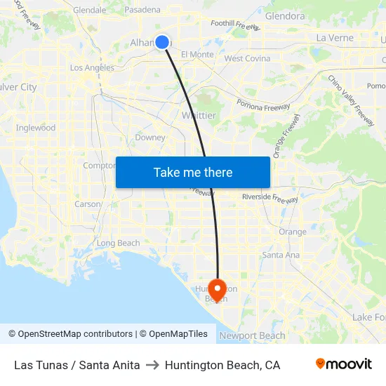 Las Tunas / Santa Anita to Huntington Beach, CA map