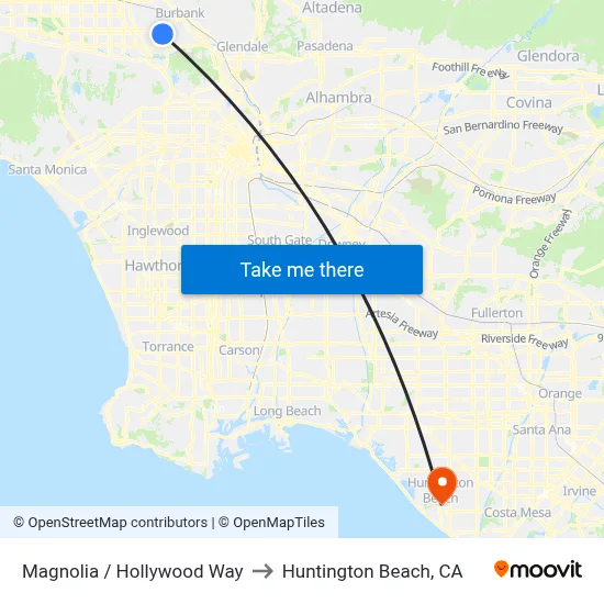 Magnolia / Hollywood Way to Huntington Beach, CA map
