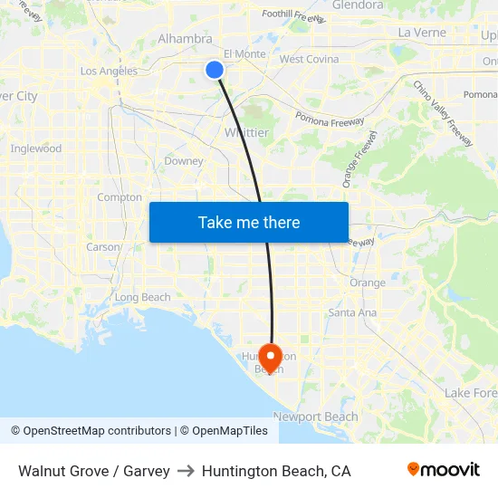 Walnut Grove / Garvey to Huntington Beach, CA map