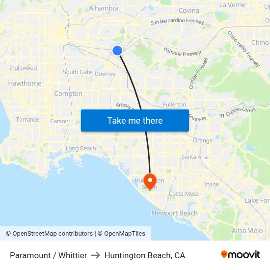 Paramount / Whittier to Huntington Beach, CA map