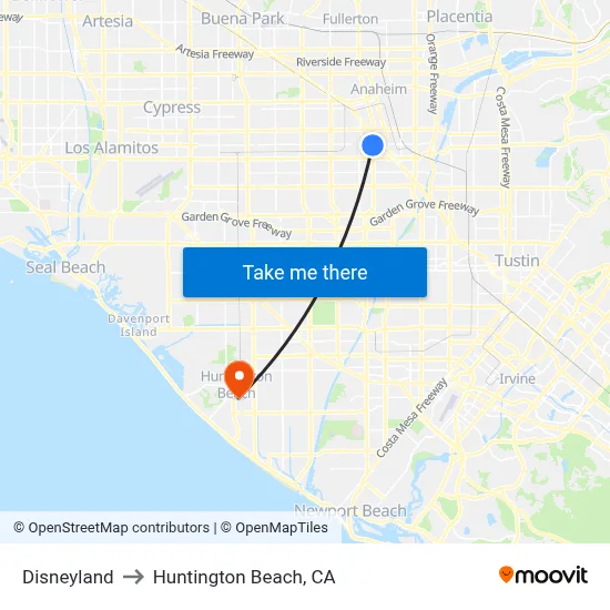 Disneyland to Huntington Beach, CA map