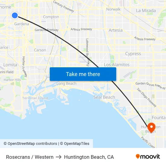 Rosecrans / Western to Huntington Beach, CA map
