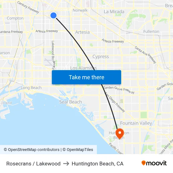 Rosecrans / Lakewood to Huntington Beach, CA map
