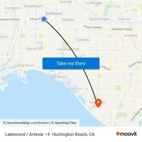 Lakewood / Artesia to Huntington Beach, CA map