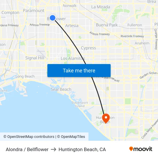 Alondra / Bellflower to Huntington Beach, CA map