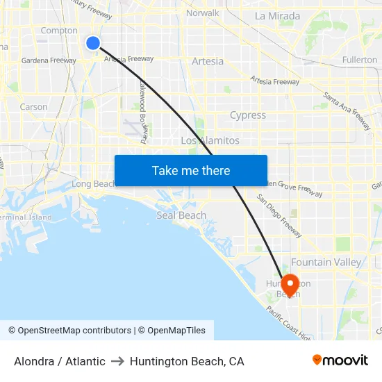 Alondra / Atlantic to Huntington Beach, CA map