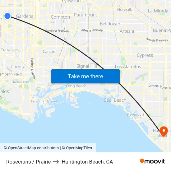 Rosecrans / Prairie to Huntington Beach, CA map