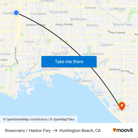 Rosecrans / Harbor Fwy to Huntington Beach, CA map