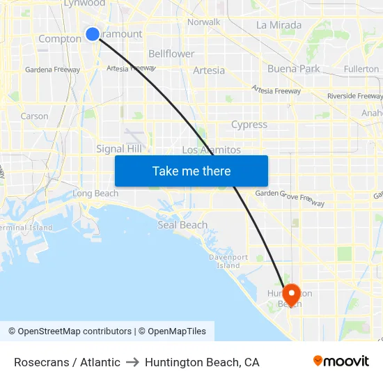 Rosecrans / Atlantic to Huntington Beach, CA map