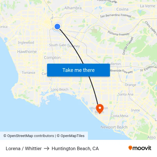 Lorena / Whittier to Huntington Beach, CA map