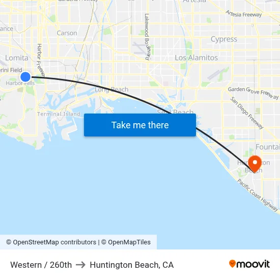 Western / 260th to Huntington Beach, CA map