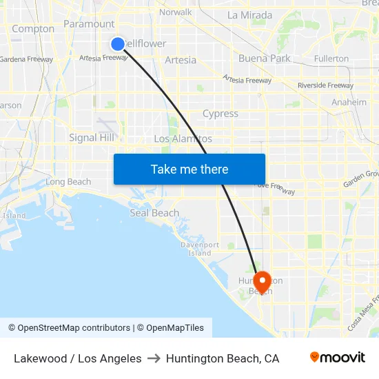 Lakewood / Los Angeles to Huntington Beach, CA map