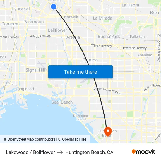 Lakewood / Bellflower to Huntington Beach, CA map