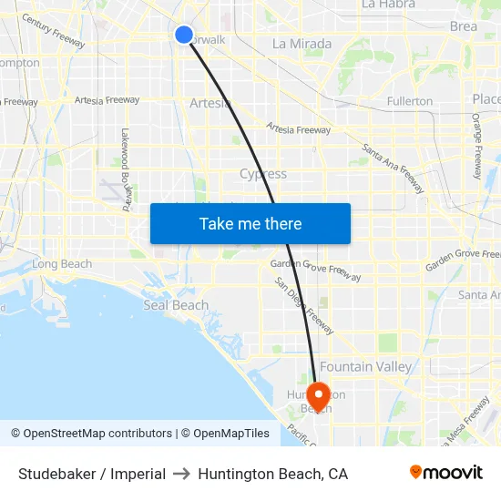 Studebaker / Imperial to Huntington Beach, CA map