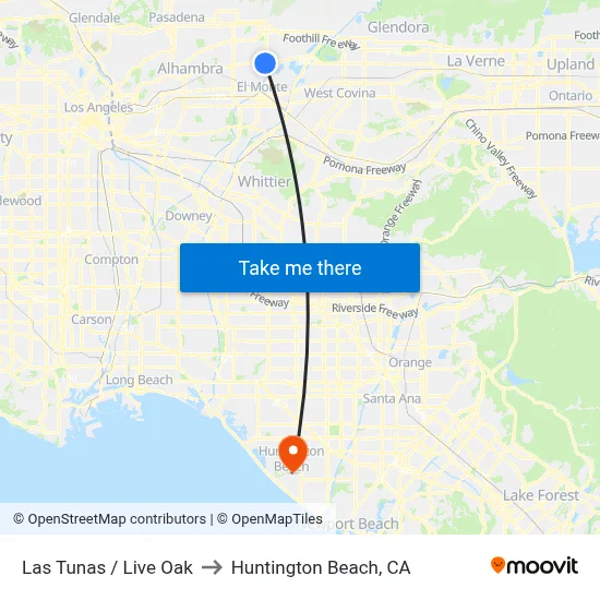 Las Tunas / Live Oak to Huntington Beach, CA map
