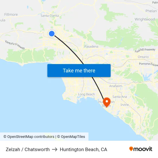 Zelzah / Chatsworth to Huntington Beach, CA map