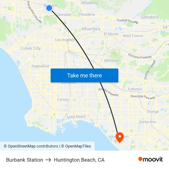 Burbank Station to Huntington Beach, CA map