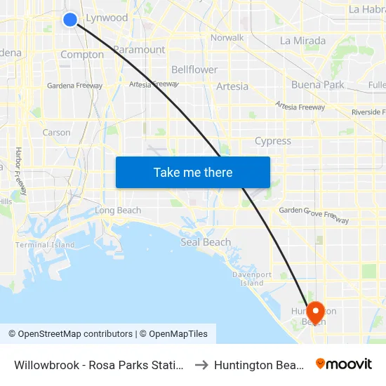 Willowbrook - Rosa Parks Station - West to Huntington Beach, CA map