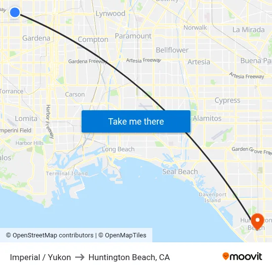 Imperial / Yukon to Huntington Beach, CA map